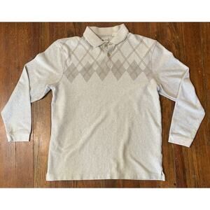 Haggar Mens Long Sleeve Polo Shirt Sz Large Office Professional Work Tan Argyle